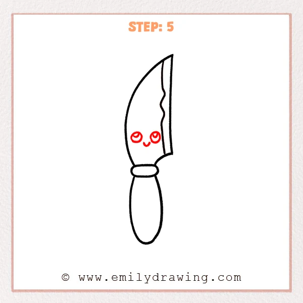 how to draw a cartoon knife - Step 5 of a step-by-step drawing tutorial showing a cartoon knife with two round eyes, small highlights, and a simple smiling mouth added on the blade.